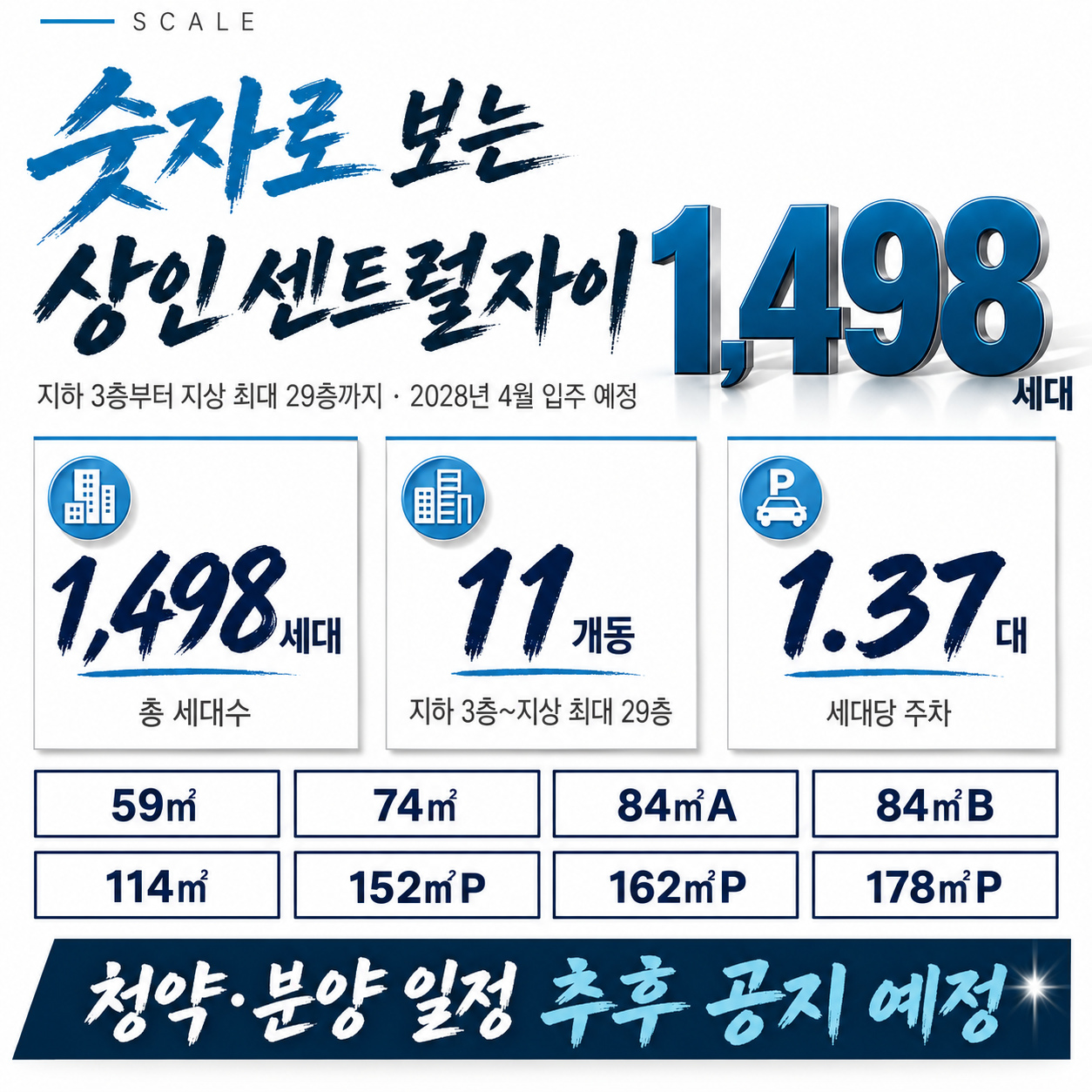 SCALE — 숫자로 보는 상인 센트럴자이. 총 세대수 1,498세대, 11개동, 세대당 주차 1.37대. 주택형 59㎡·74㎡·84㎡A·84㎡B·114㎡·152㎡P·162㎡P·178㎡P. 지하 3층 ~ 지상 최대 29층, 2028년 4월 예정. 청약·분양 일정 추후 공지 예정.